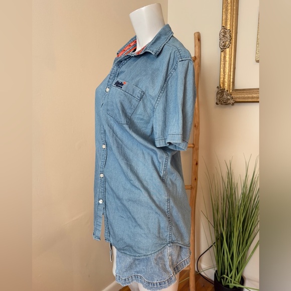 Superdry mens denim Chambray button up shirt L Regular Fit blue short sleeve - Picture 2 of 7
